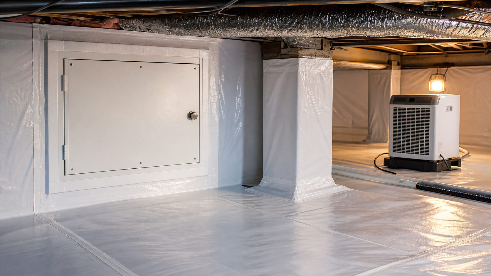 Crawl space access opening with a dehumidifier inside in Birmingham, AL