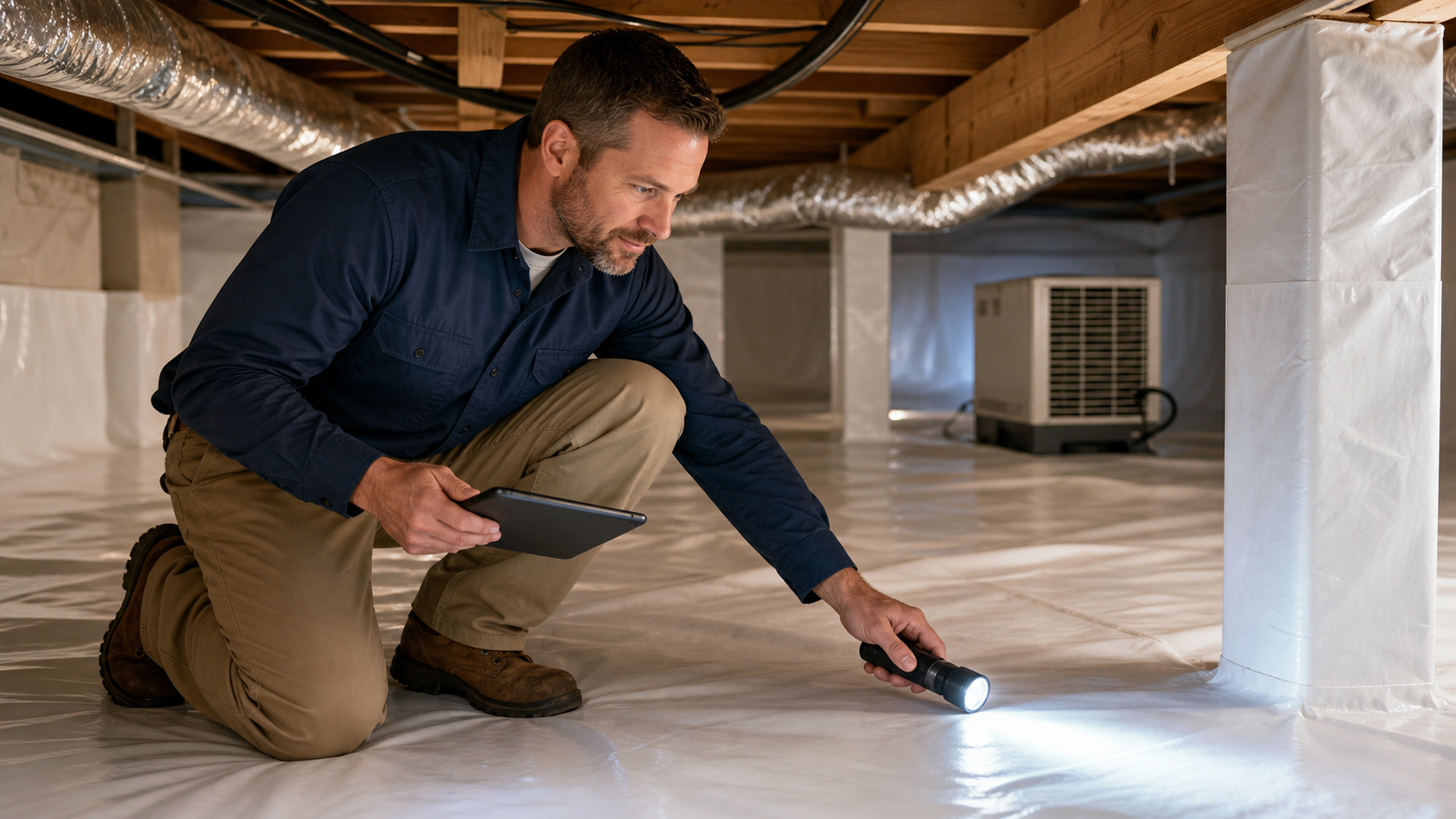 Crawl space technician inspecting a clean encapsulated area in Birmingham, AL