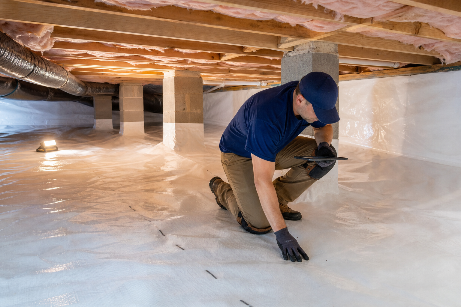 Technician inspecting a sealed crawl space liner seam in Birmingham, AL