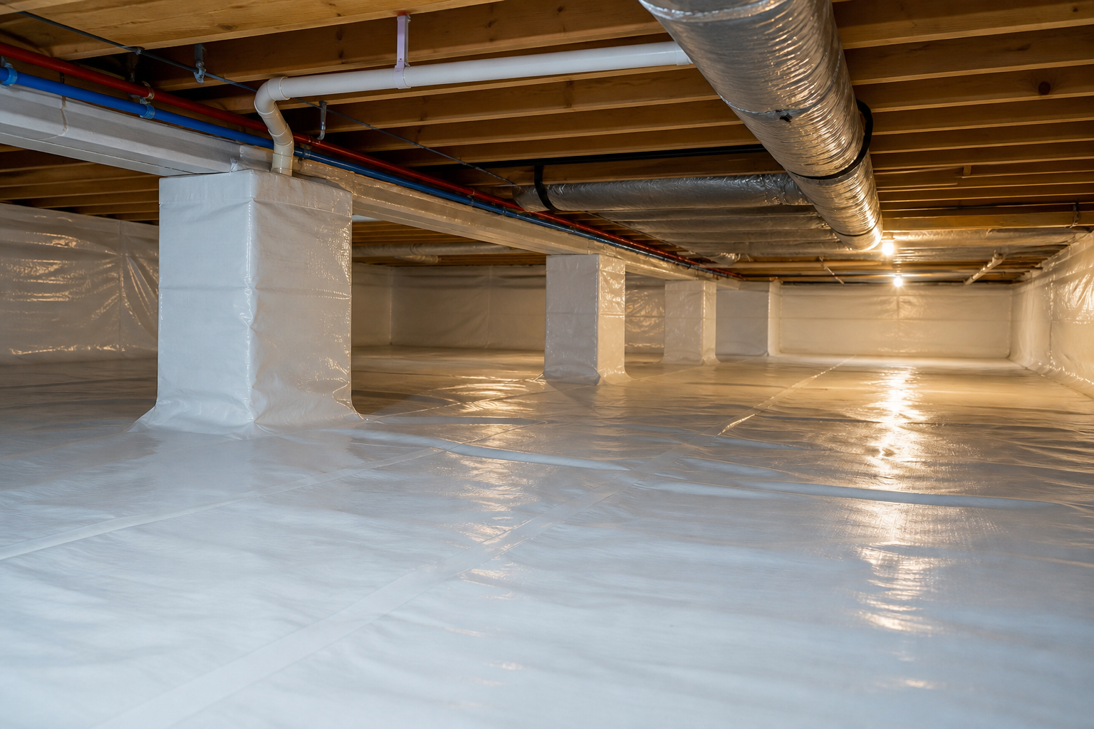 Finished crawl space encapsulation with sealed liner and wrapped piers in Birmingham, AL