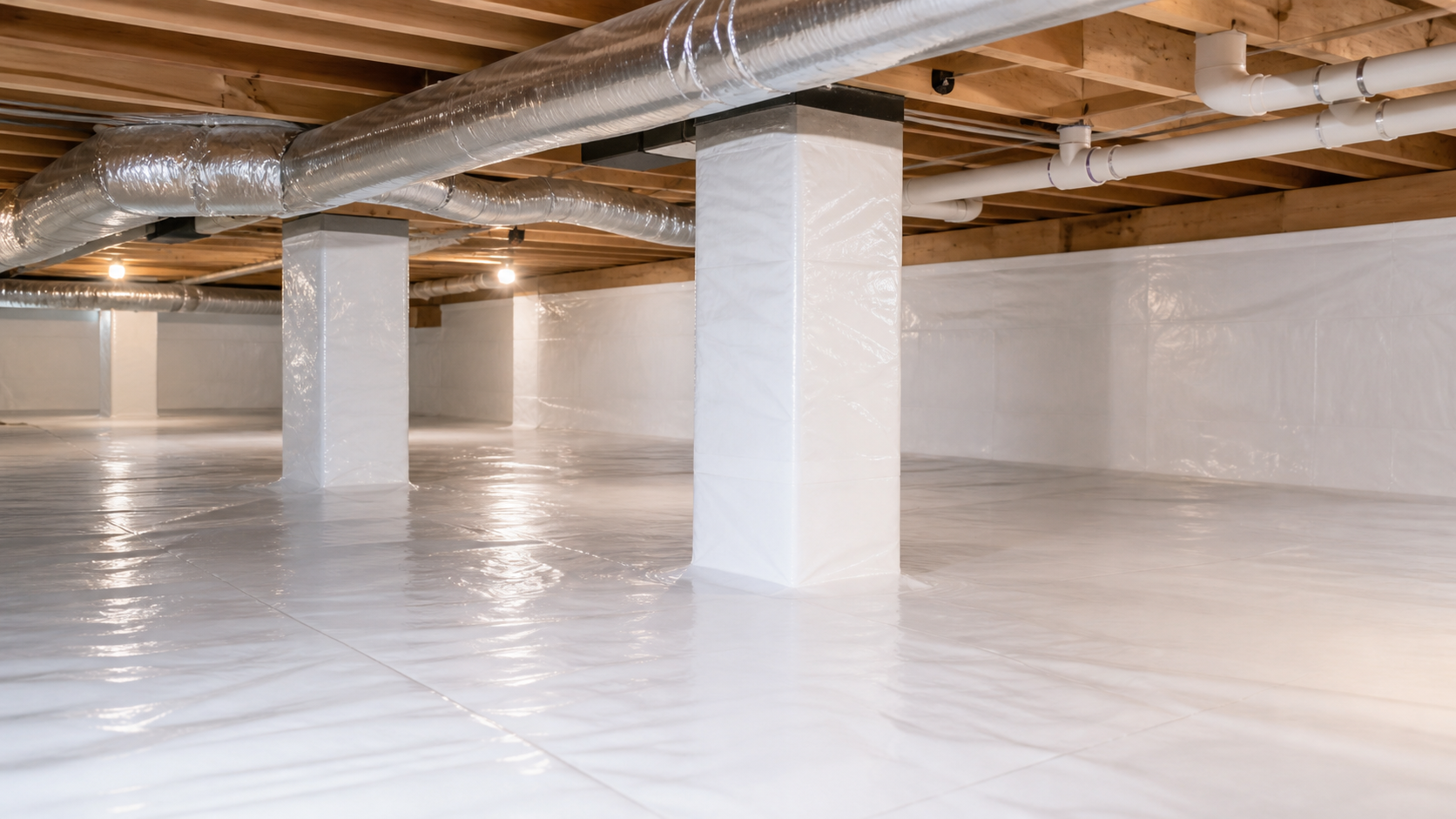 Wide view of a finished white crawl space encapsulation system in Birmingham, AL